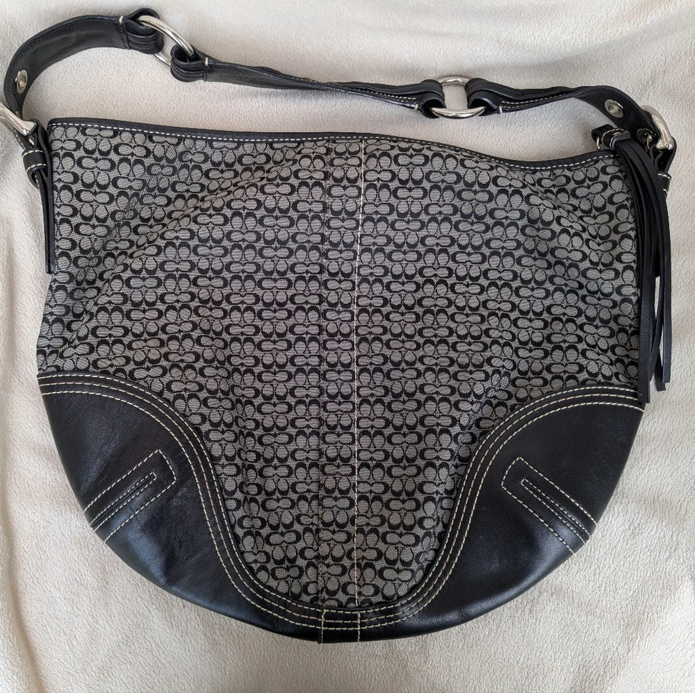 Coach Hobo Bag Signature Mini C Logo Black Gray Canvas Leather Jacquard Shoulder - Picture 2 of 11